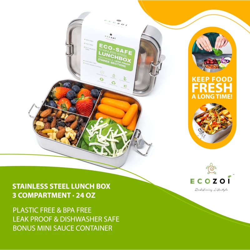 ecozoi Stainless Steel Lunch Box for Kids â€“ Leakproof Bento Box with 3 Compartments & Extra Sauce Container, BPA-Free Metal Lunchbox for School, Toddler & Adults | Eco-Friendly Reusable Meal Prep Container - Image 5